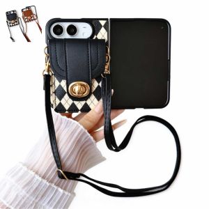 Luxury Classic Argyle Plaid PU Leather Wallet Phone Case For iPhone Duo Card Holder Gold Rotating Buckle Adjustable Crossbody Shoulder Strap Shockproof Anti-Scratch Foldable Fashion Protective Cover For Women Girls