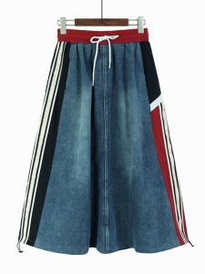 Color Block Elastic Waist Denim Midi Skirt Hong Kong Style Loose Conceal Meat Casual Versatile A-Line Skirt Retro Style