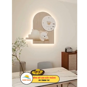 Tranh treo tường LED Phòng khách 3D Tráng gương cao cấp- Decor Đèn ngủ Gấu và mặt trăng kèm điều khiển