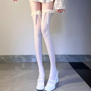 Elegant Velvet Long Tube Socks for Women with Lace Thin Fleece High Waist Butterfly Knot Knee Length Stockings Shapely Leggings