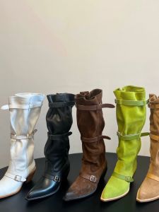 Giày Bốt Cao Gót Thời Trang Cho Nữ Giày Bốt Cao Đến Đầu Gối Kiểu Tây Cổ Điển Mũi Nhọn Giày Bốt Da Bò Cho Nữ Giày Bốt Thời Trang