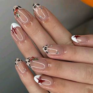 24pcs Leopard Print French Fake Nails with Rhinestone Design Short Almond False Nail Tips Datachable Round Head Press on Nails