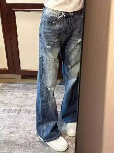 Retro High Street Style Womens Jeans Distressed Straight Leg Slim Fit Torn Design Casual Wear High Waist Denim Pants