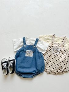 Baby Boys and Girls Denim Brace Romper Suit Baby Summer Thin Polka Dot Onesie Jumpsuit Short-Sleeved Rompers