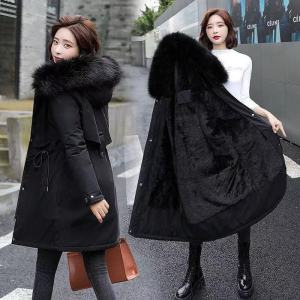 Thick Winter Jacket Womens Fur Coats Warm Mid-Length Zipper Closure Long Sleeve Princess Sleeve Hooded Coat for Women