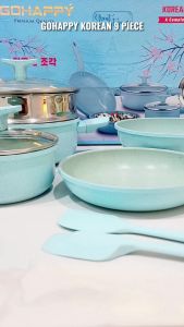 PANCI SET Korean 9 pc Gohappy Pastel Tosca GHK90T Wajan Wok pan FRYPAN CASEROLE Sauce pan Granite marble anti lengket GO HAPPY COOKWARE SET With PFOA FREE