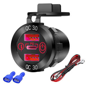 56W 3 Ports PD Dual QC3.0 USB Car Charger Socket with ON/OFF Button Fast Charger 12V Power Outlet for Car Truck RV Marine Boat