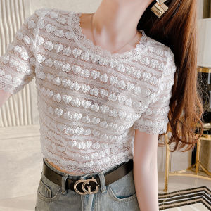 เสื้อชั้นในผ้าโปร่งสีขาว แขนสั้น คอตั้ง ทรงหลวม สำหรับผู้หญิง ช่วงฤดูร้อน เสื้อชั้นในลายลูกไม้ ทรงหัวใจหวาน ชุดเดรสสายเดี่ยว