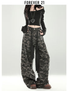 Forever 21 Early Autumn Camouflage Wide Leg Workwear Pants Women Street High Waist Loose Hot Girl Straight Leg Denim Jeans