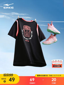 Erke Short Sleeve Mens T-Shirt Loose Fit Sporty Casual Breathable round Neck Basketball Theme Couples Fashion Summer Top