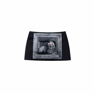 1JINN STUDIO | Retro Dog Print Satin Wrap Mid Low Waist Fitted Mini Skirt