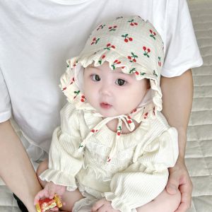 Cute Cherry Baby Hat Pure Cotton Spring Autumn Korean Style Ruffle Edged Windproof Ear Protection Cap for Infants And Toddlers