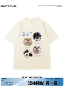 GTG Original American Retro Cat Dog Print round Neck Short Sleeve Mens T-shirt Loose Couple Ins Half Sleeve Cotton Summer Fashion