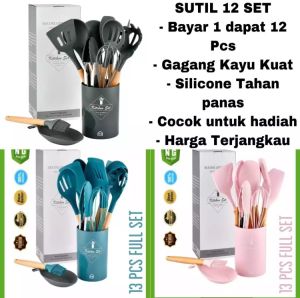 READY STOK COD Sillicone Utensil Spatula 13 Pcs / Sutil Karet BPA Free Food Grade Gagang Kayu / GRATIS PACKING BUBBLE WRAP DAN DOUBLE DUS / Sodet Peralatan Masak Serbaguna