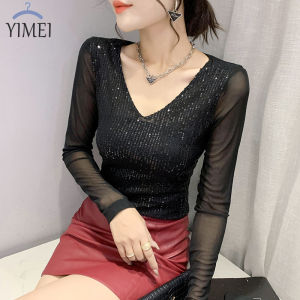 Yimei Áo Thun Nữ Dài Tay Lưới Hai Lớp Áo Áo Sequin Cổ Chữ V mùa xuân và mùa thu thời trang mới ôm vừa đa năng 2023
