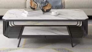 Bàn trà đơn Sofa phòng khách mặt đá bát giác chân kim loại kiểu ống (có thể thêm hộp tủ) sang trọng hiện đại