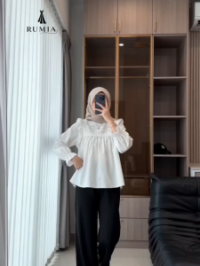 RUMIA Women’s Ruffle Blouse Long Sleeve Smocked Pleated Loose Fit Babydoll Top Elegant Korean Style Shirt Black White GreenREADY STOCK