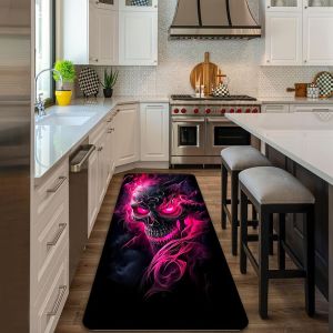 VIKAMA Pink Flame Skull Long Runner Rug Dark Gothic Skeleton Hành Lang Trang Trí Sàn Nhà Thảm Polyester Chống Trượt Để Sử Dụng Trong Nhà Ngoài Trời