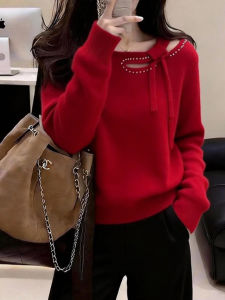 QINGNAER | Elegant Lace and Beaded Knitted Sweater