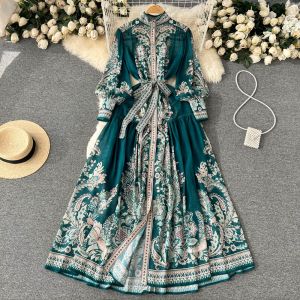 Spring and Autumn Palace Style Retro Fancy Print Chiffon Dress Womens Tight Waist Slim Looking Single-Breasted Socialite Dress
