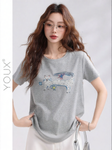 YOUXIANG | Áo Thun Mới Hè Cổ Tròn In Hình Mèo Hoạt Hình Phong Cách Hàn Quốc