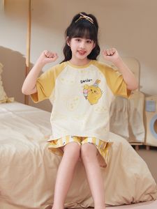 MiiOW | Pure Cotton Cat Girl Pajamas Short Sleeve Home Clothes Set For Girls Ages 11-13 Suitable For Outdoor Wear Summer Season