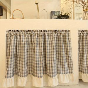 1Pc Tian Zi Grids Linen Ruffled Short Curtain with Rod Suitable for Restaurant Cafe Balcony Partition Decorative Curtain American Country Retro Kitchen Living Room Half Curtain Coffee Curtain