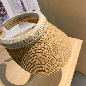 ฤดูร้อน ฟางทอ ผู้หญิง หมวกบังแดดตัวอักษรรองเท้าแตะชายหาดหมวกยอดนิยม No-top Hairband หมวกกันแดด สไตล์ลำลอง ปีกกว้าง