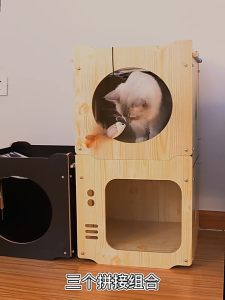 Teeker Pet Cat House Solid Wood Double Cat Jumping Platform Hollow House Easy Assembly Cat Nest with Movable Cushions for Indoor Play Relaxation for Cat Lovers