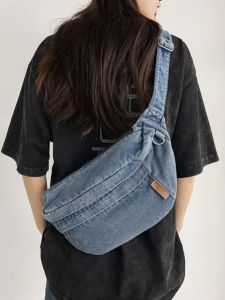 Chest Bag Womens Large Capacity Washed Denim Bag Casual Japanese All-Match Small Bag Mens Waist Bag Street Shoulder Bag