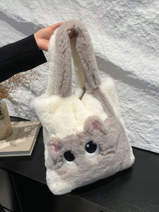 Autumn Winter Plush Cat Handbag Womens Commuter Tote Bag Cute Fluffy Single Shoulder Bag Soft Handle Printed Geometric Pattern