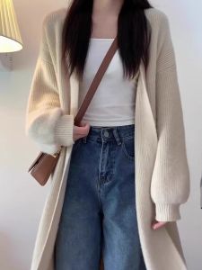 เสื้อคาร์ดิแกนถักนิตติ้งขนกระต่ายสีพีช ทรงหลวม แขนยาว ปกติ คอวี ปกติ ฤดูใบไม้ร่วง/ฤดูหนาว เสื้อคลุมยาวปานกลางสำหรับผู้หญิง