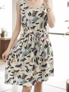 Summer Bohemian Style Cotton Silk Dress Womens Sleeveless Vest Dress Waist-Cinching Young Style Floral Print A-Line Skirt