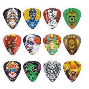 12PCS Unique Colorful Printed ABS Guitar Picks Set with Metal Box Durable Plectrums for Electric & Bass Guitar Accessories Gift