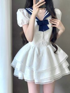 French White Dress Summer Womens Clothing Fancy Elegant Super Fairy Princess Pettiskirt Waist-Tight Petite Short Dress