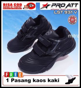 Sepatu Anak Sekolah Cowok Cewek Hitam Polos PRO ATT LST 931 Velcro Perekat Size 31sd 37 Murah Gratis Kaos Kaki