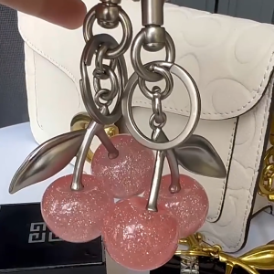 epeach Pink Cherry Charms Silver Keychain Handbag Accessories