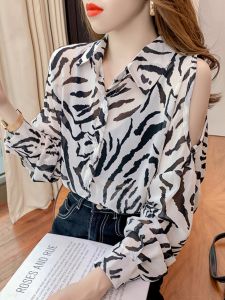 Spring Autumn 2025 New Zebra Pattern off Shoulder Sun Protection Shirt Women Thin Loose mid Length Chiffon Long Sleeve Top