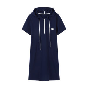 URLAZH | Vintage Style Navy Sports Lightweight Hoodie Dress with Half Zipper