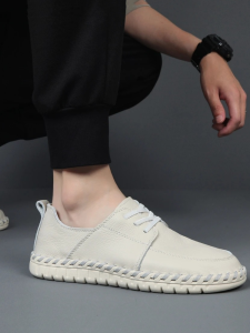 Handmade Mens Shoes Summer Soft Bottom Stitching Bean Bean Head Layer Cowhide Fashion Driving Breathable Leather Shoes Casual Slip-On