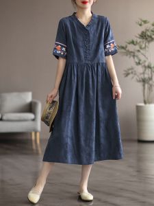Summer New Style Womens Dress Washed Embroidered Cotton Drawstring Waist Slim Fit Midi Length Short Sleeve V Neck a Line Skirt