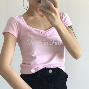 Áo Thun Tay Ngắn Ôm Vừa Vặn Cạp Cao Cổ Vuông Xếp Ly Phong Cách Retro Mỹ Đa Năng Cho Nữ Mùa Hè 2019 Chất Liệu Cotton