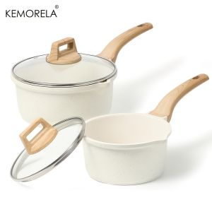 1PCS Non-Stick Saucepan Set with Lid - Induction Compatible Pour Spout Light Beige with Wooden Handles Ideal for Kitchen Cooking