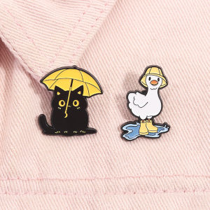 Funny Black Cat with Umbrella Enamel Pins Duck With Rain Boots In A Puddle Metal Brooches Lapel Badge Jewelry Gifts for Friends