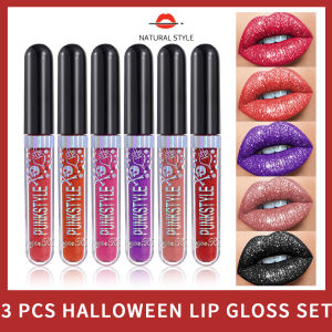 【Phong cách tự nhiên】 3 Bộ Son Bóng Kim cương lấp lánh Halloween chất lỏng lấp lánh chống thấm nước son môi đen lung linh