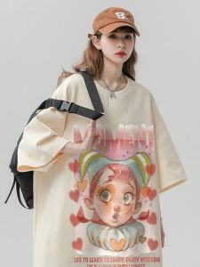 เสื้อยืดผ้าฝ้ายขนาดใหญ่สําหรับผู้หญิงหลวมพอดีแขนยาวกลางพิมพ์เสื้อผ้าทํางานการออกแบบสร้างสรรค์คู่สวมใส่