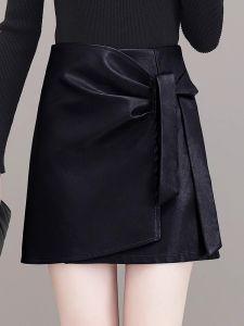 High Waist Asymmetrical Leather Skirt Womens Spring Autumn Short A-Line Wrap Body Versatile plus Size Commute Style Pure Color