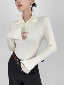 Double Z Minimalist Double Layer Knitted Base Shirt Womens Autumn Button up High Neck Ribbed Slimming Top Warmth Heating