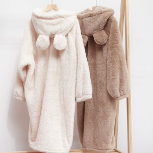 Thickened Long Coral Fleece Sleepwear Womens Winter Home Clothes Soft Fufu Bear Coral Velvet Robe Warm Hat Home Clothes