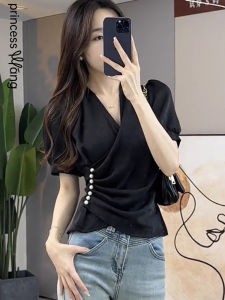 WANGGONGZHU | Princess Style Short Sleeve V-Neck Beaded Pleated Slim Fit T-Shirt Women Summer Fashion Casual High Waist Short Length Top